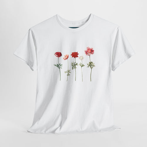 White t-shirt with floral design on a light gray background