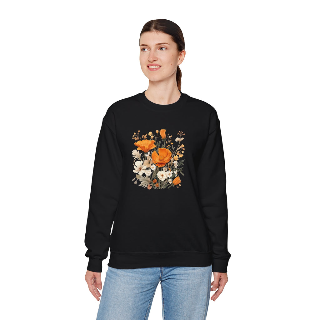 Floral Print Sweatshirt – Bold Orange Blooms | Cozy Nature-Inspired Gift & Spring Fashion