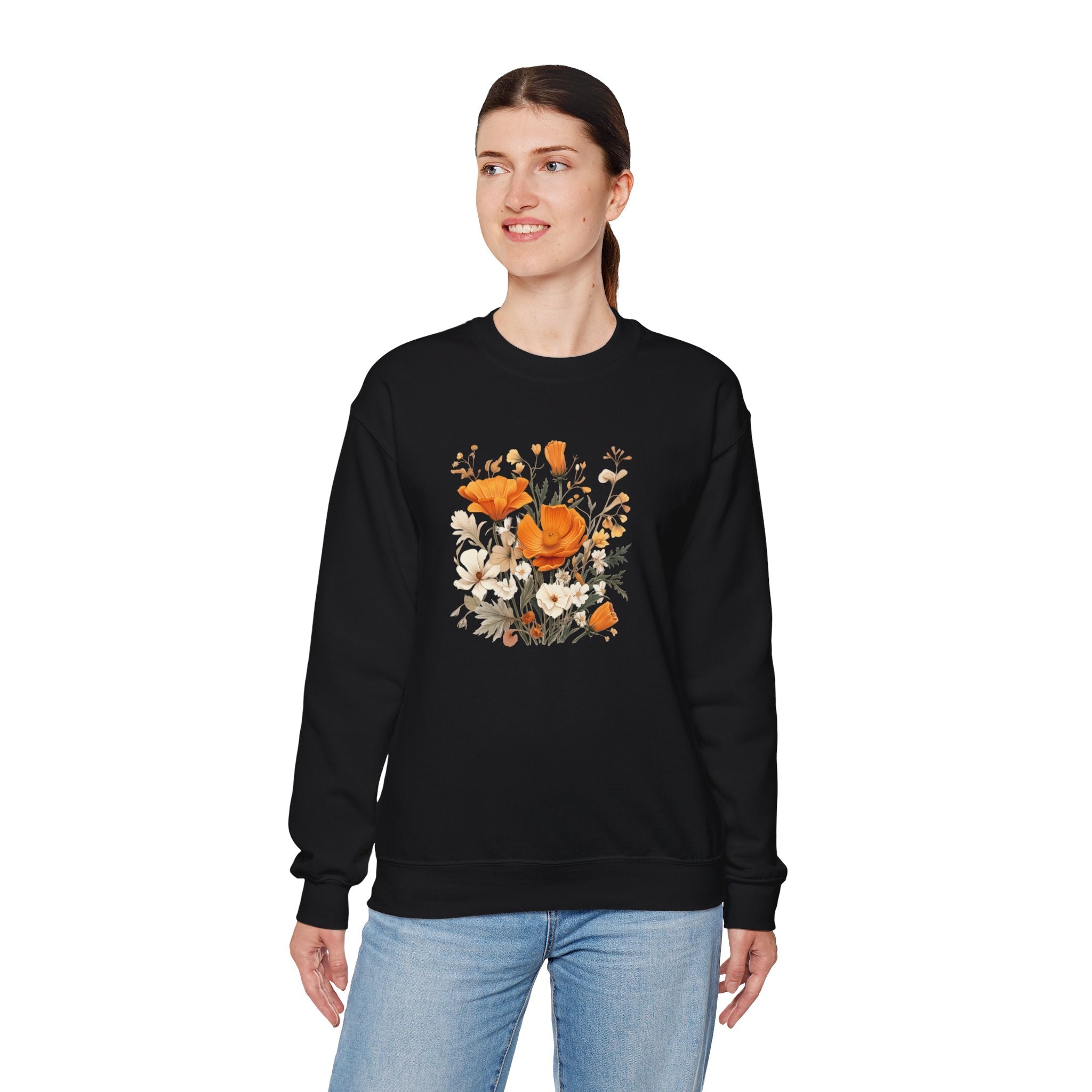 Floral Print Sweatshirt – Bold Orange Blooms | Cozy Nature-Inspired Gift & Spring Fashion
