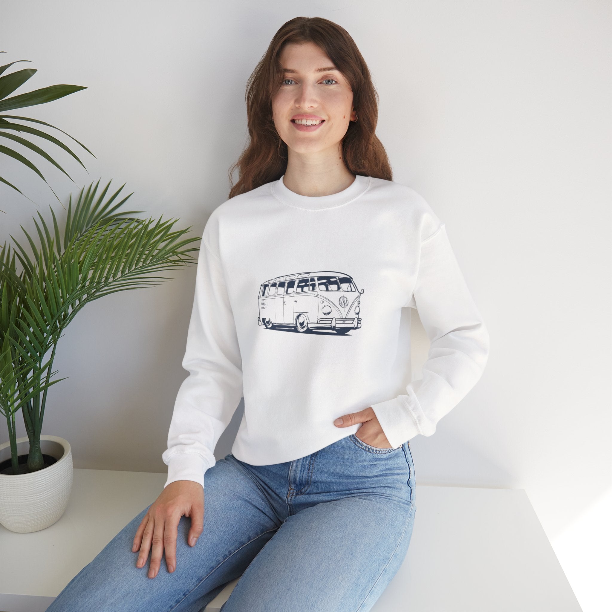 The Road Tripper: Unisex VW Bus Cotton-Blend Crewneck Sweatshirt