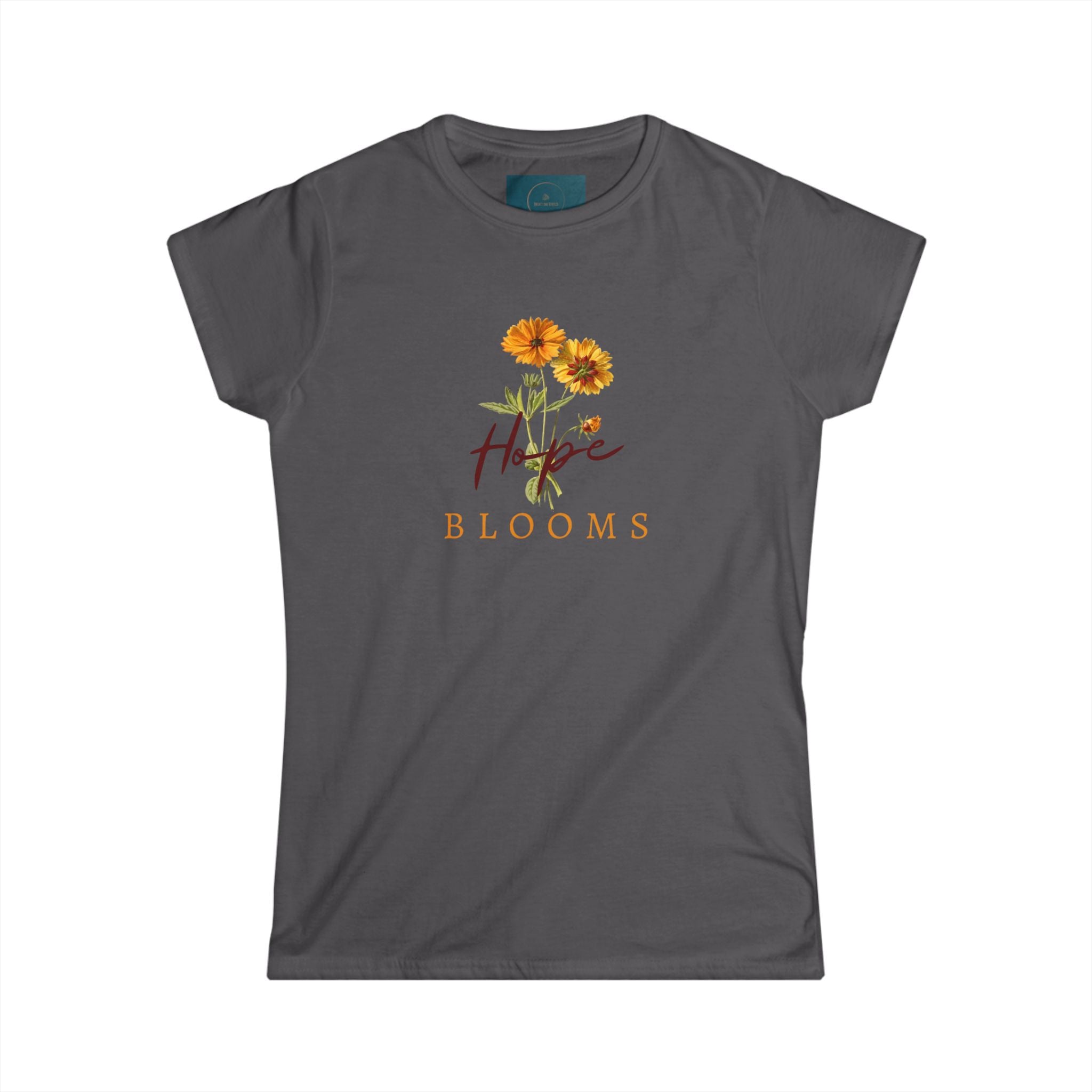Gray t-shirt with floral design and 'Hope Blooms' text on a white background