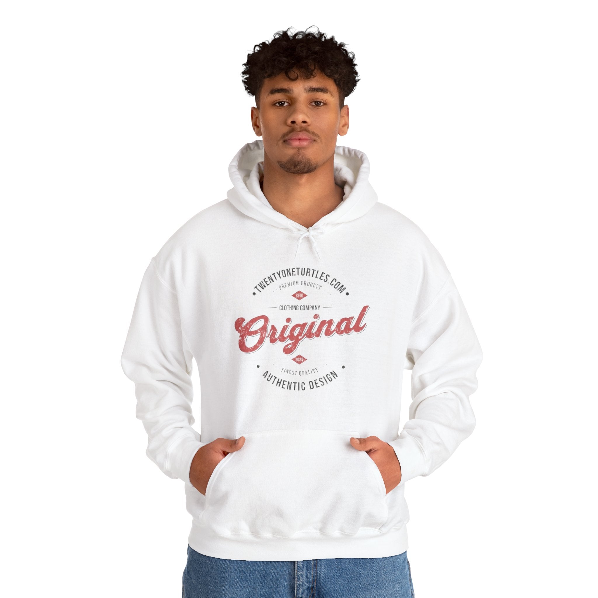 Person wearing a white hoodie with red text on a white background