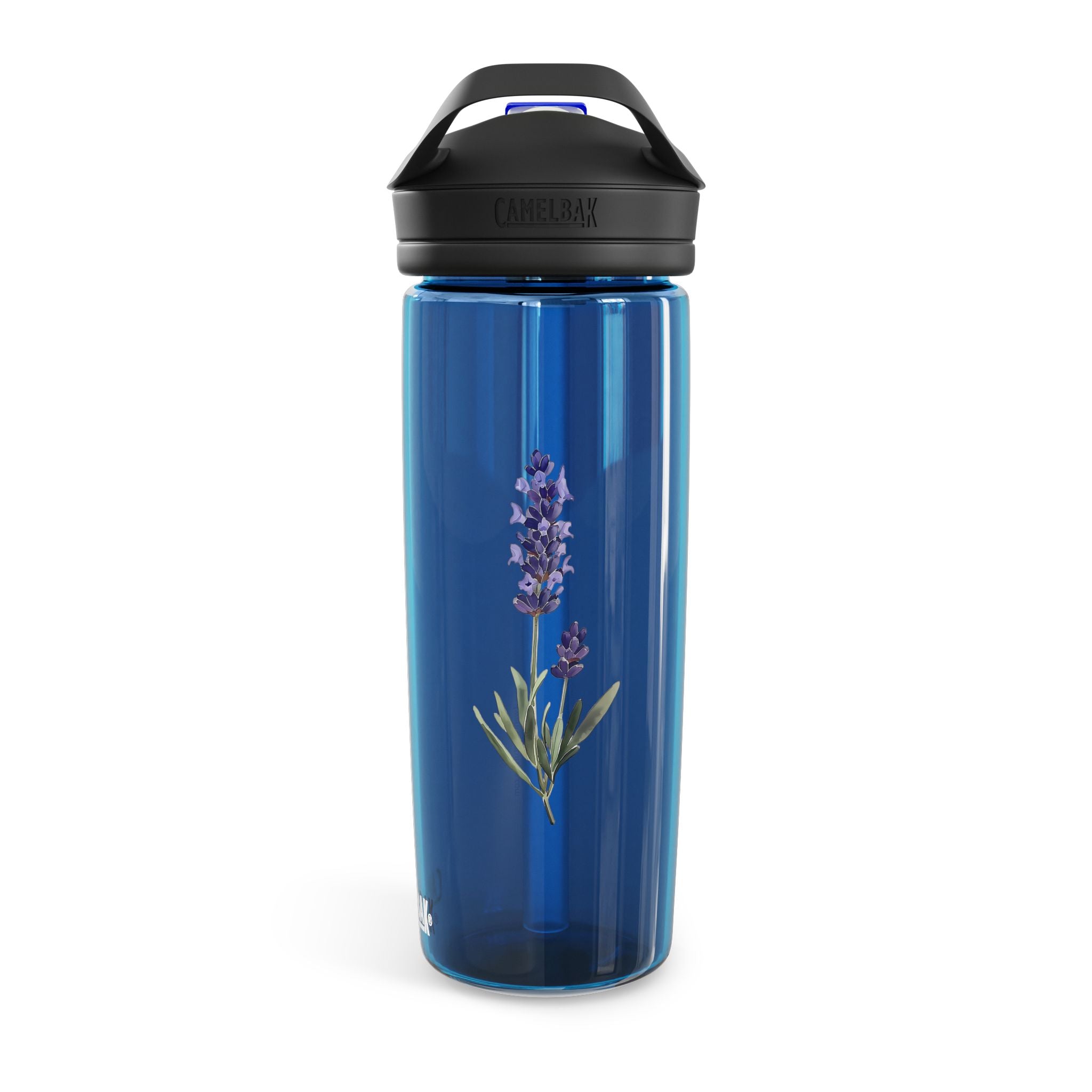 Blue water bottle with lavender design and black lid on a white background