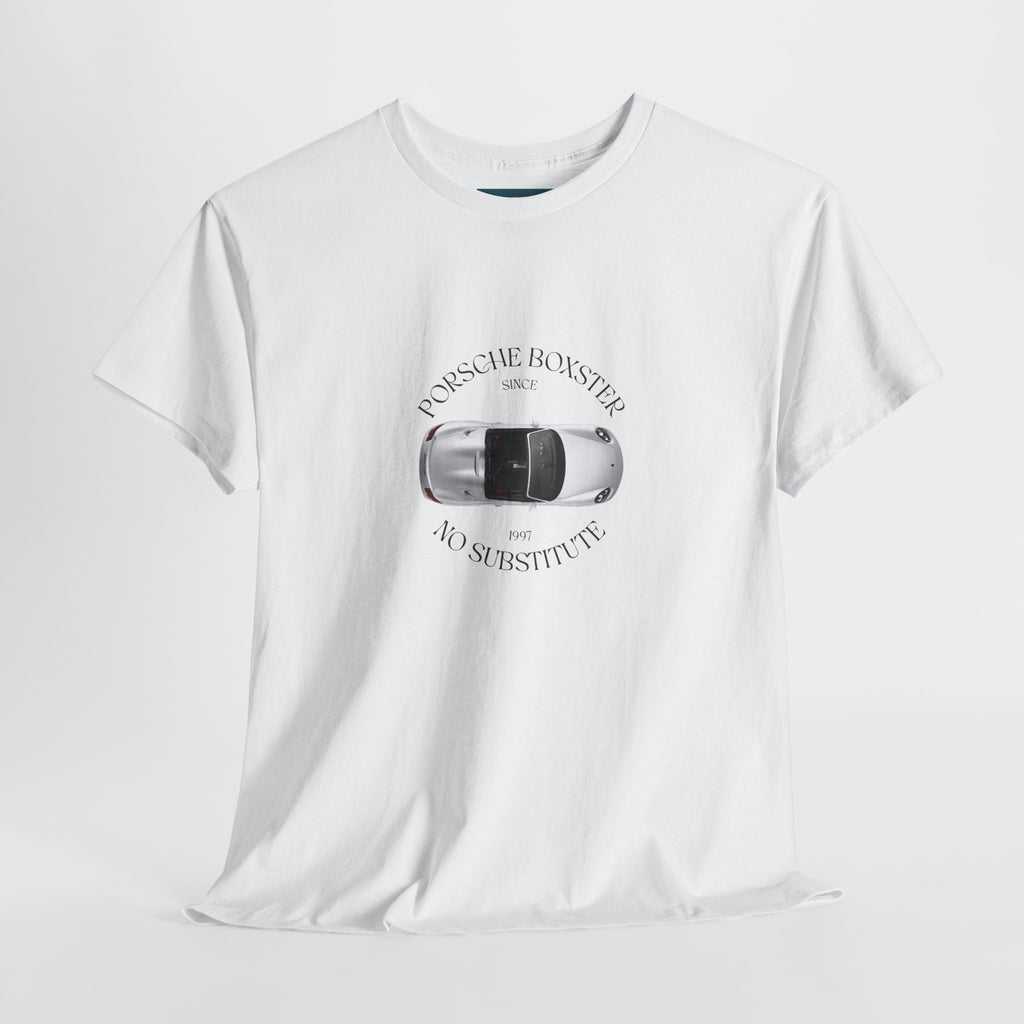 White t-shirt with Porsche Boxster graphic and text on a light gray background