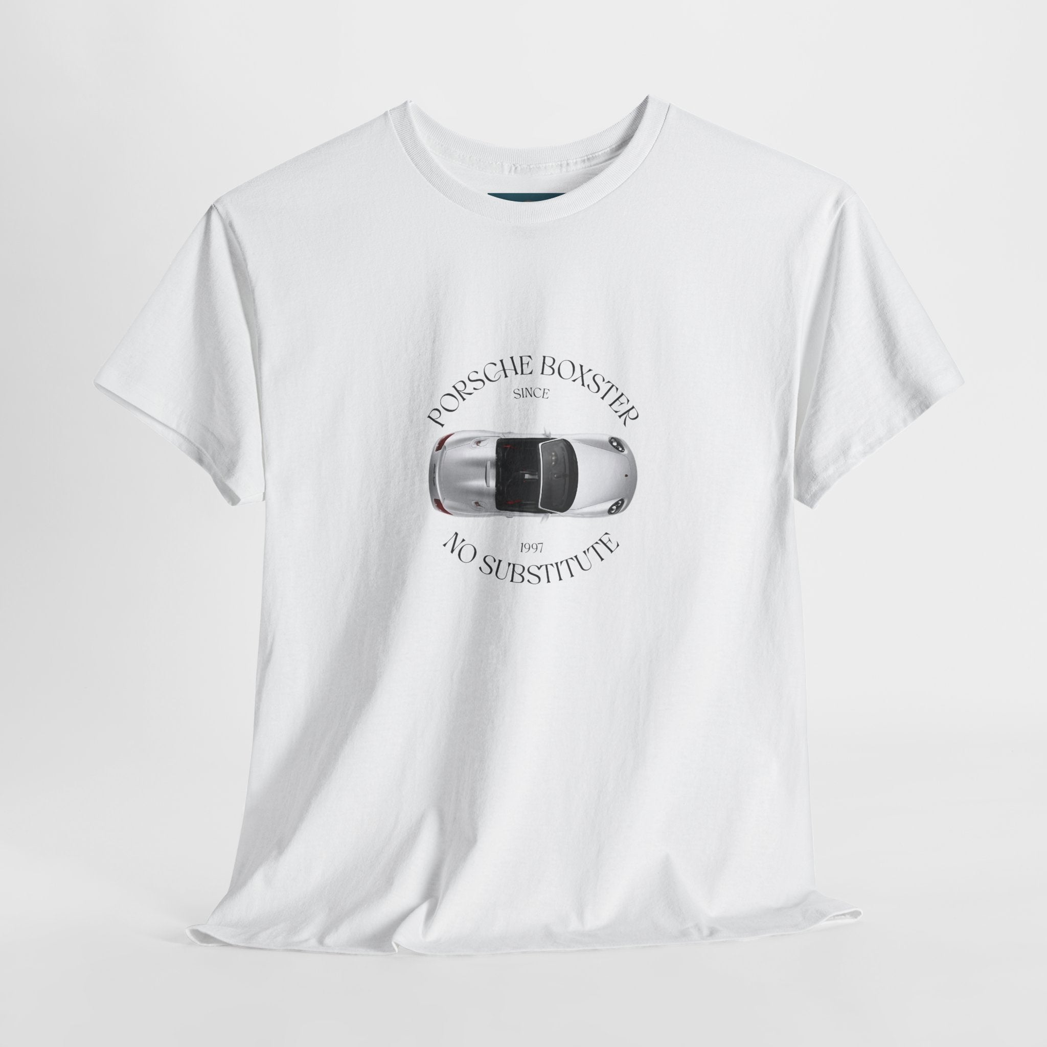 White t-shirt with Porsche Boxster graphic and text on a light gray background