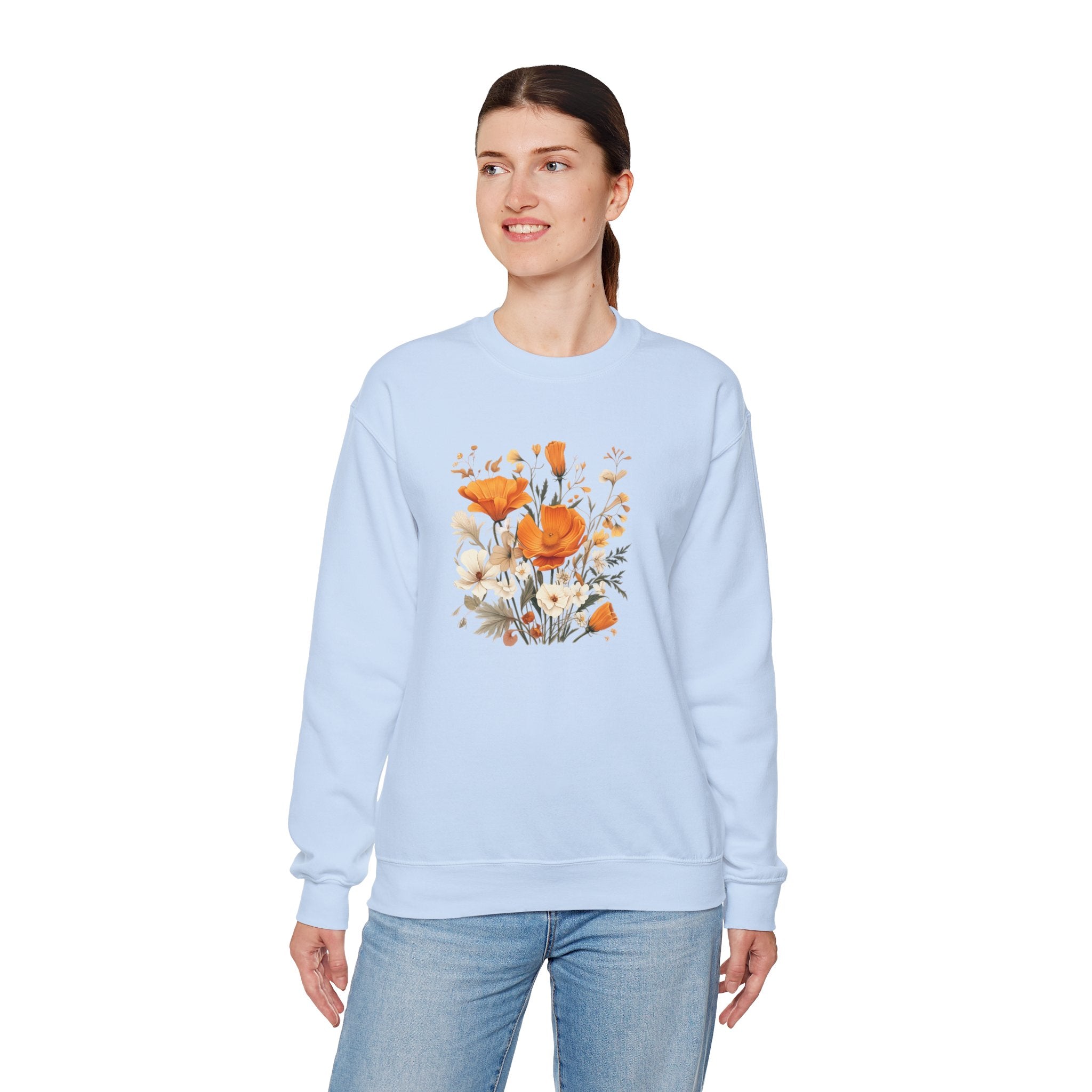 Floral Print Sweatshirt – Bold Orange Blooms | Cozy Nature-Inspired Gift & Spring Fashion