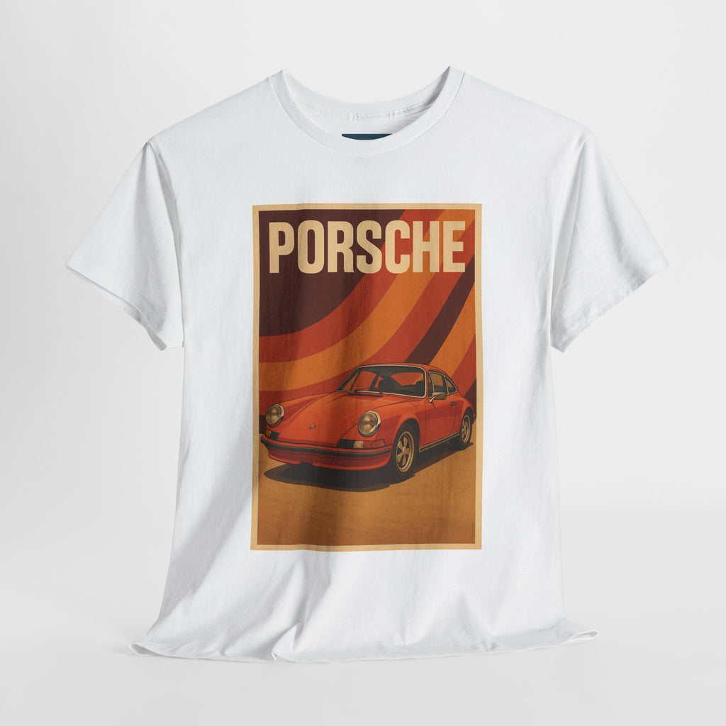 White t-shirt with Porsche car graphic on a white background