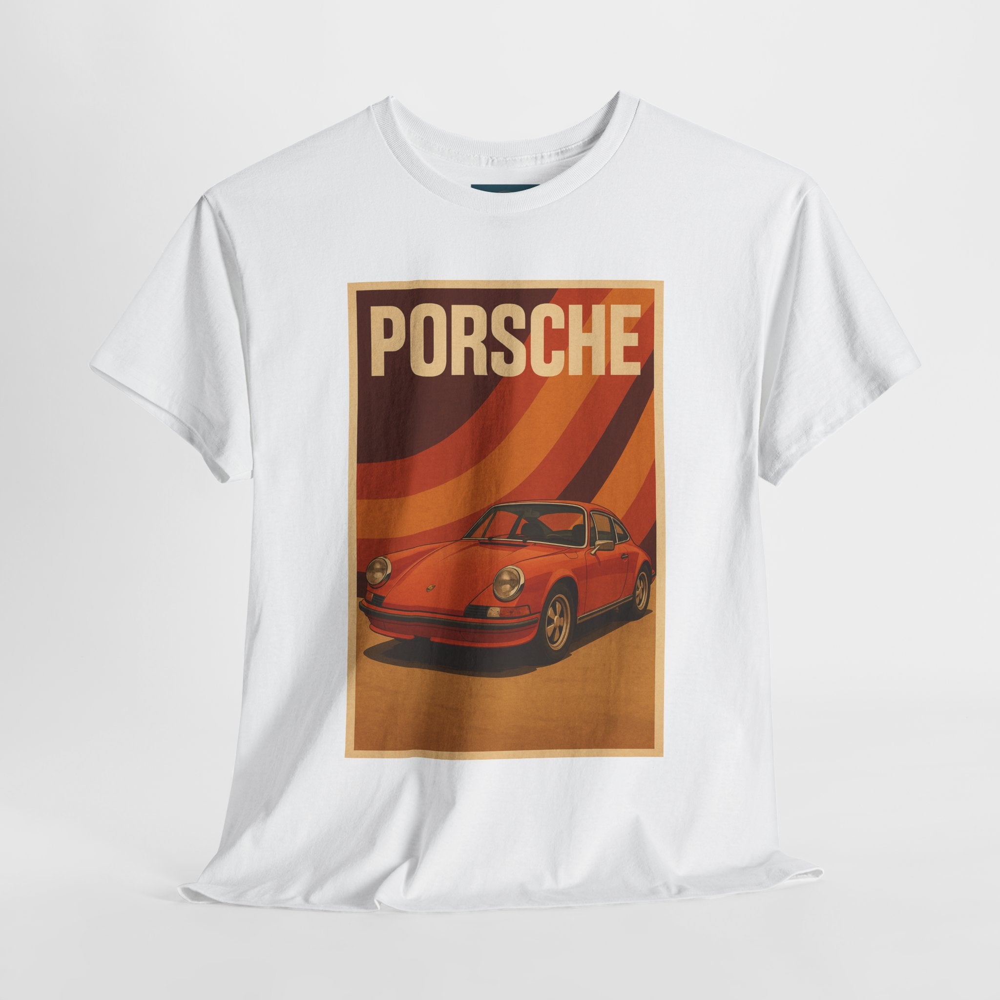 White t-shirt with Porsche car graphic on a white background