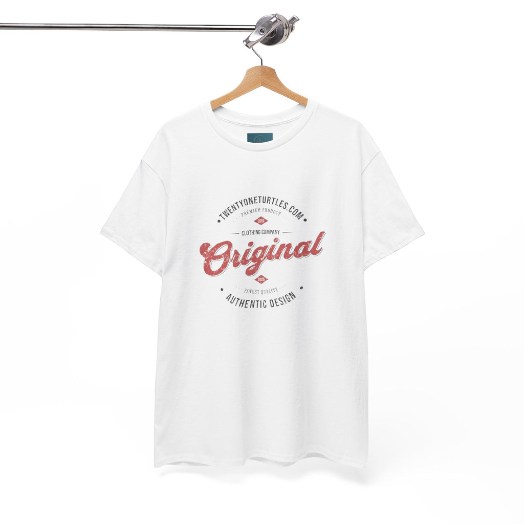White t-shirt with red and black text on a hanger against a white background