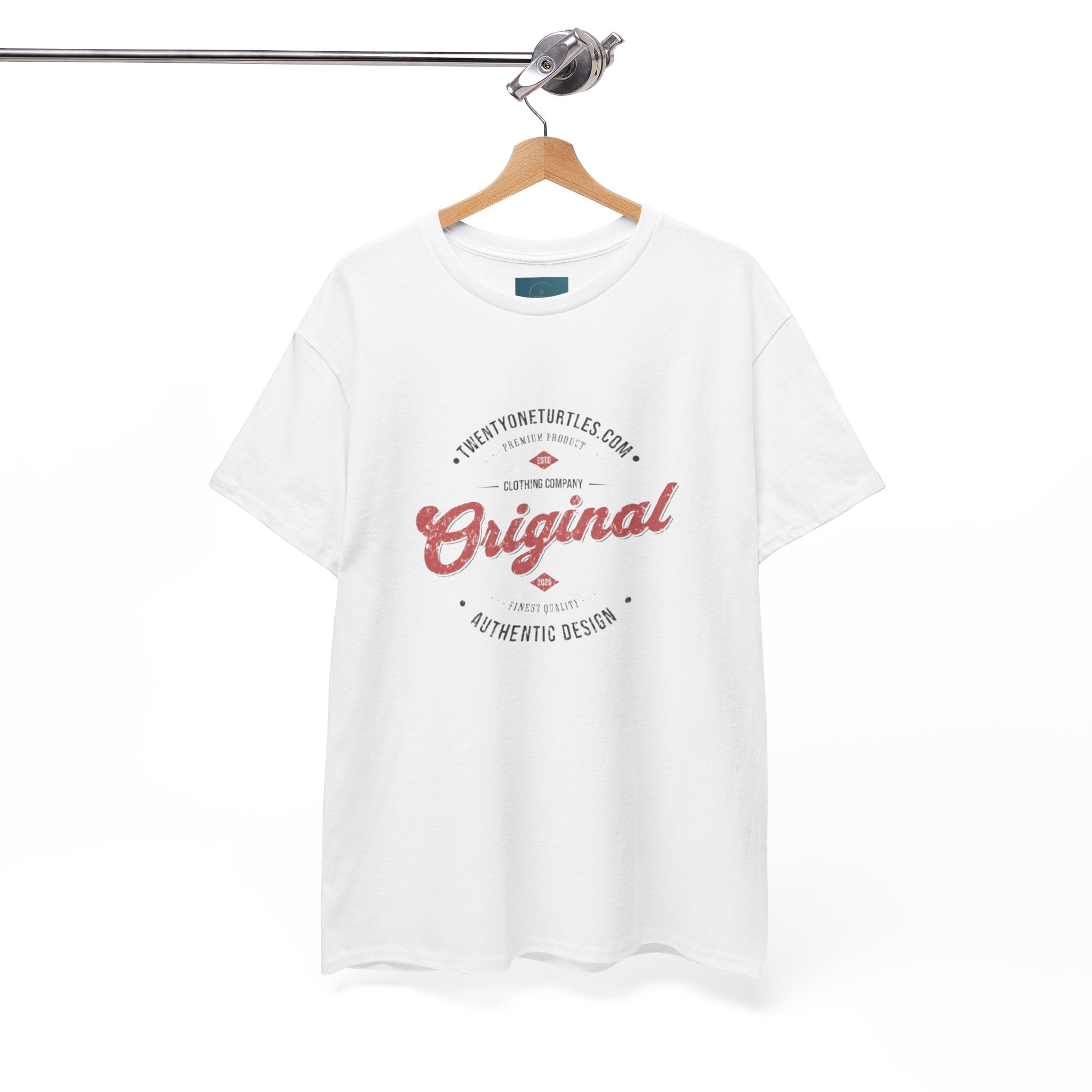 White t-shirt with red and black text on a hanger against a white background