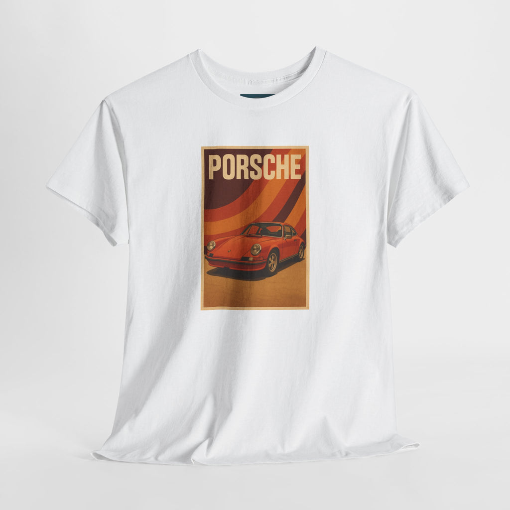 White t-shirt with Porsche car graphic on a white background