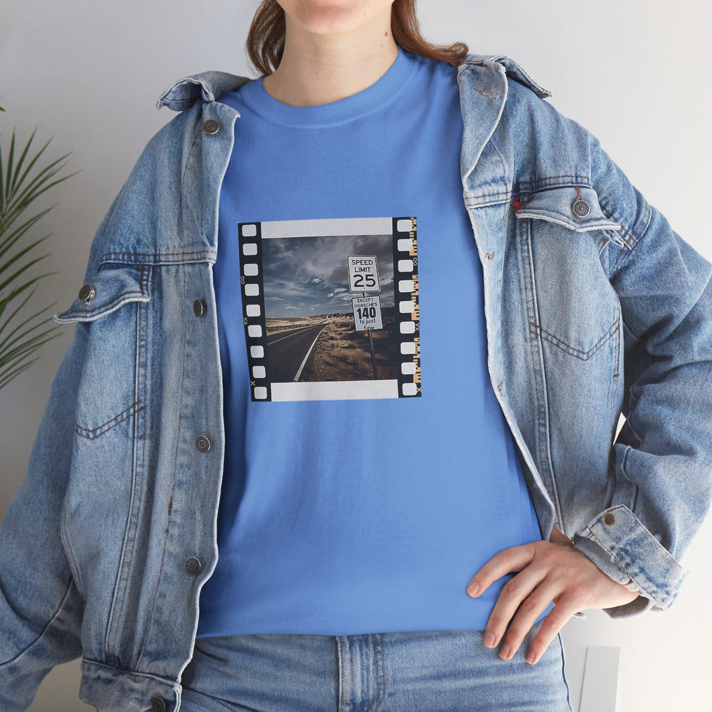 Porsche Road Sign T-Shirt – Retro Film Strip Style Unisex Tee.