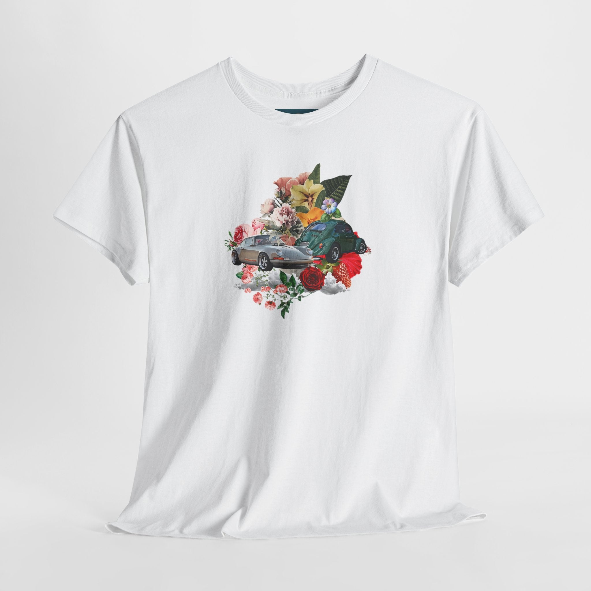 White t-shirt with a graphic of a vw and porsche cars and flowers on a white background