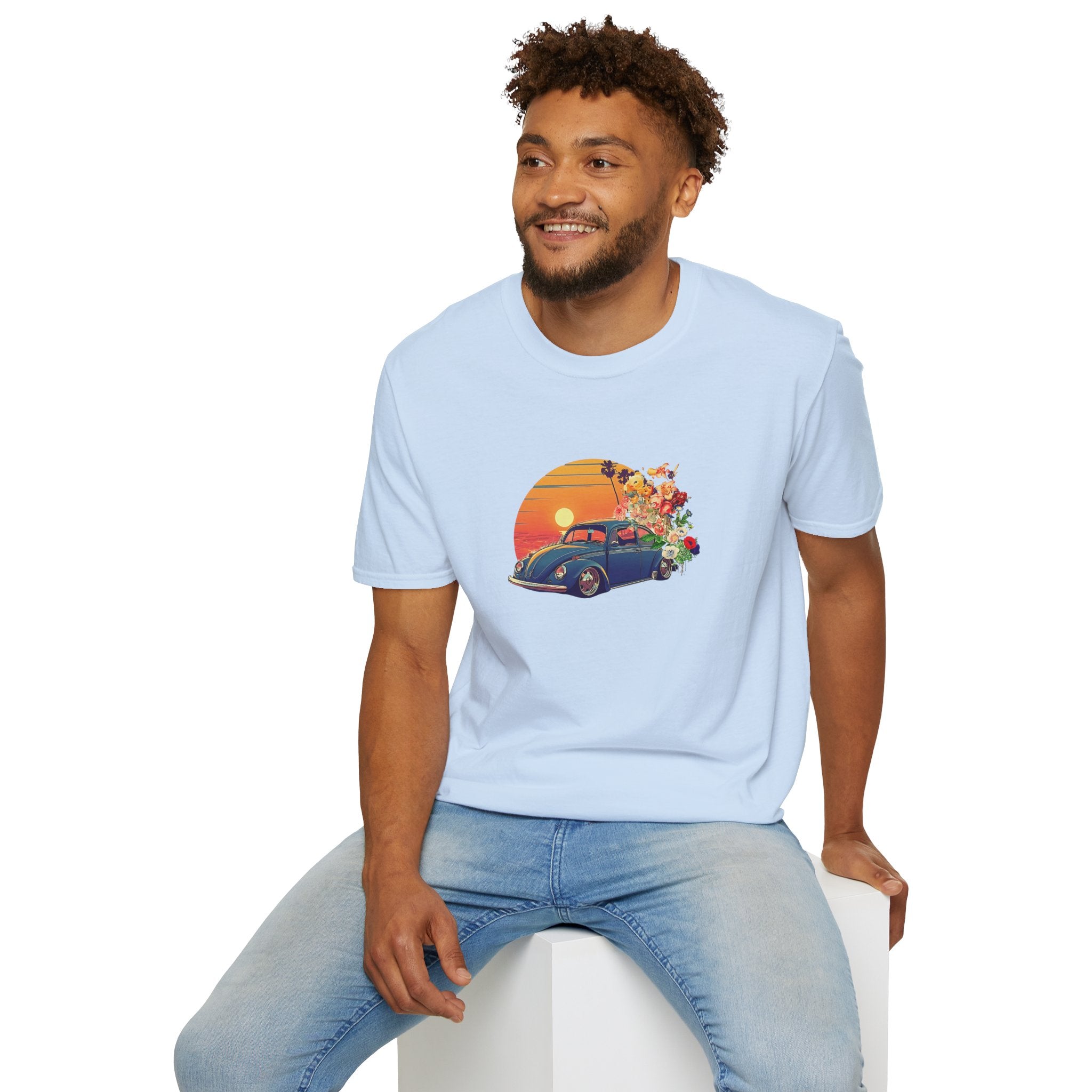 Vintage Sunset Beetle Tee – Unisex Retro Car Shirt, Summer Vibes Gift