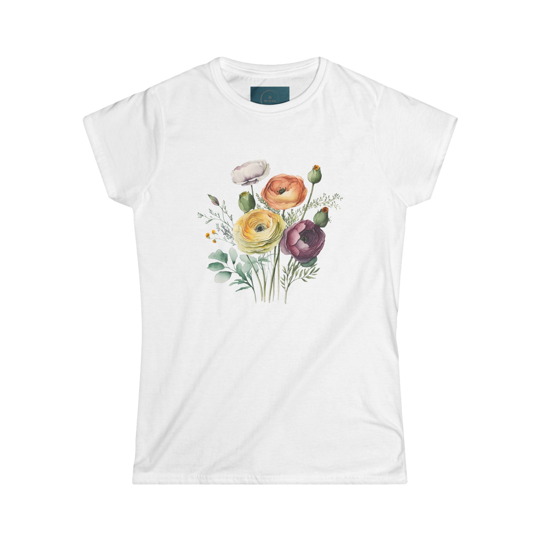 White t-shirt with a colorful floral design on a white background