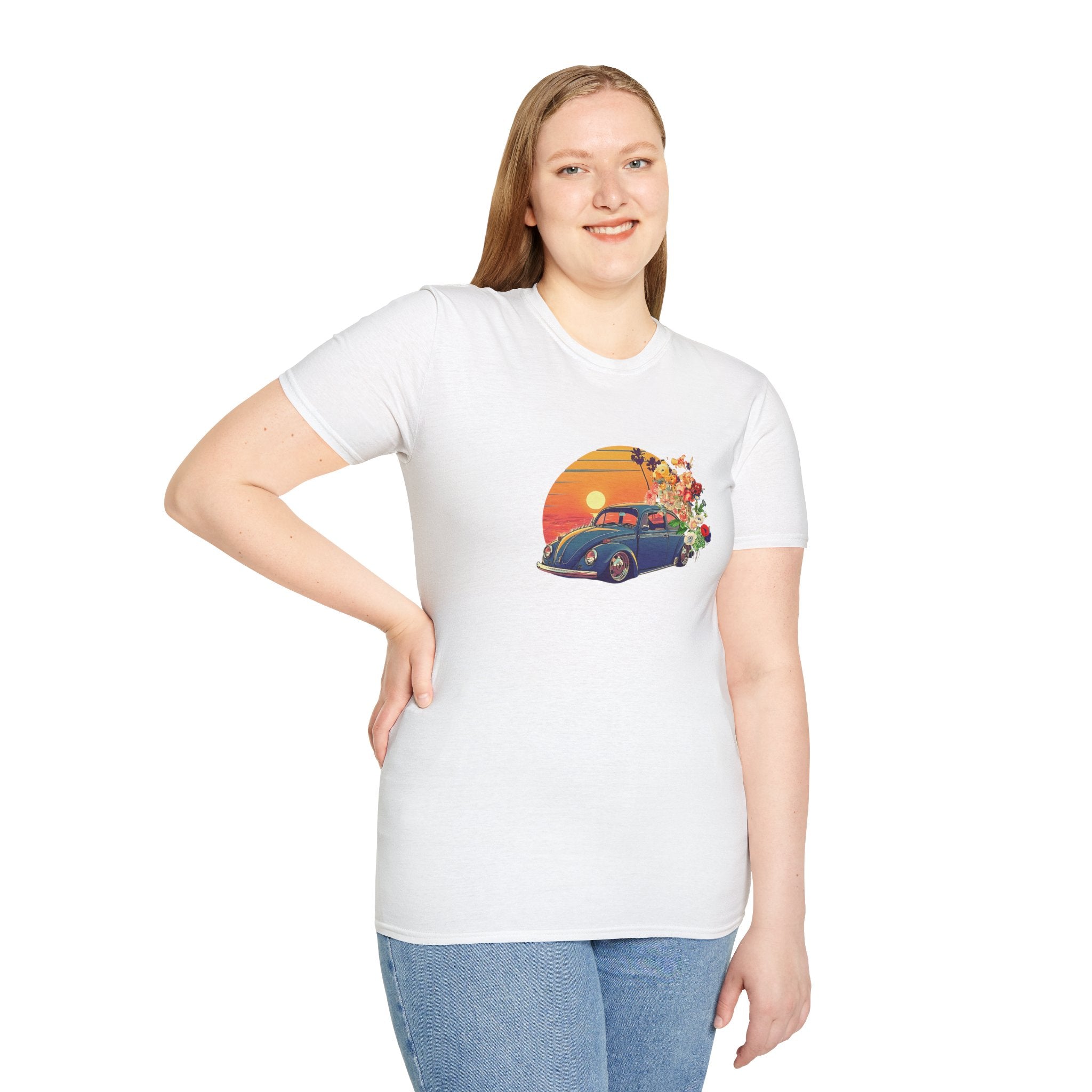Vintage Sunset Beetle Tee – Unisex Retro Car Shirt, Summer Vibes Gift
