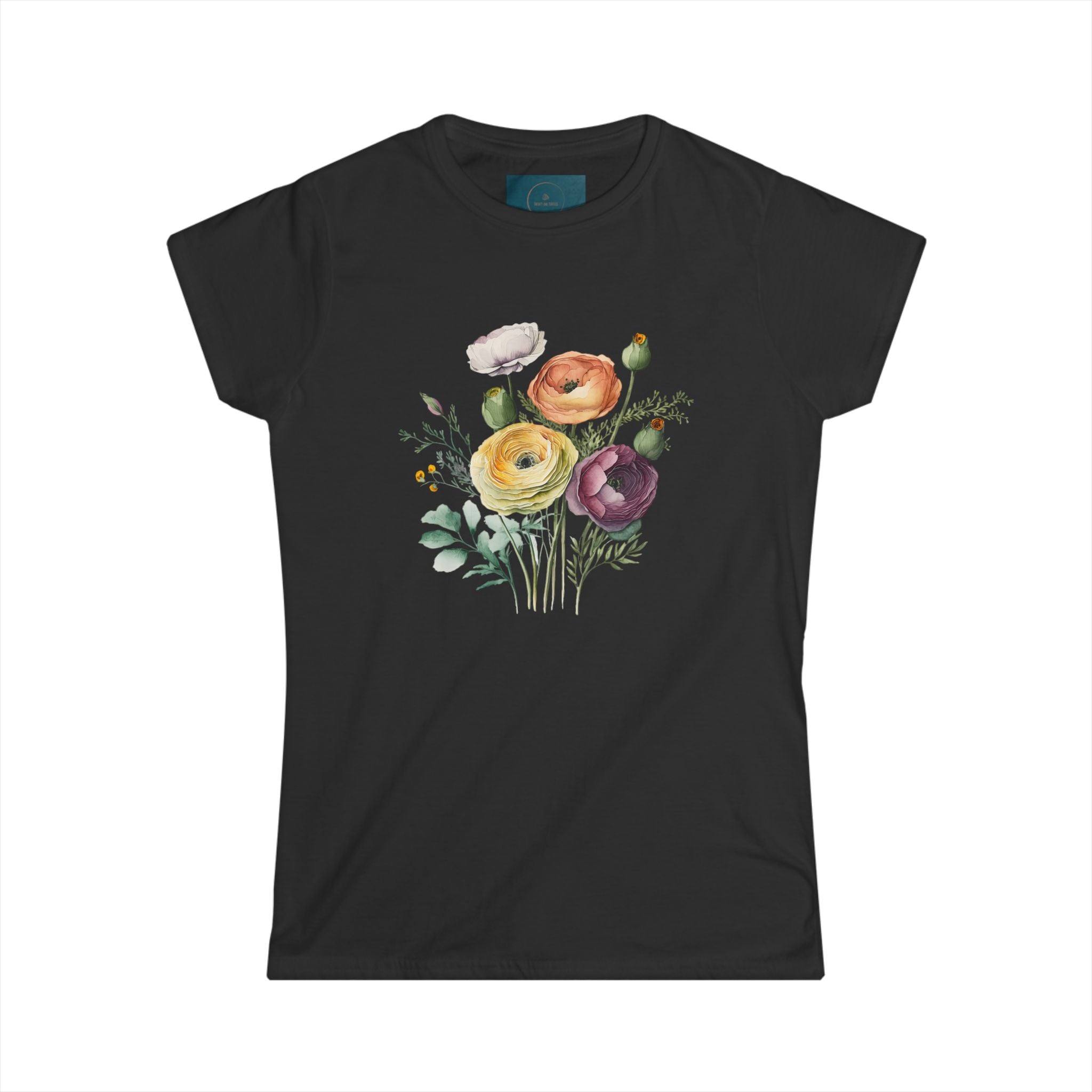 Black t-shirt with a colorful floral design on a white background