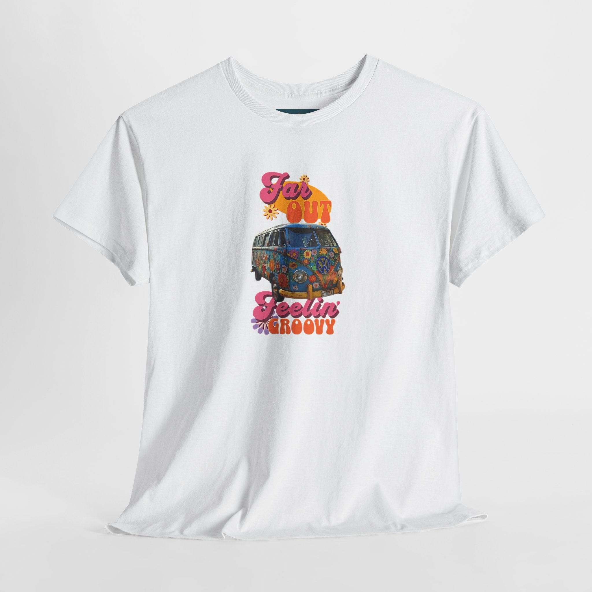 White t-shirt with a colorful graphic of a VW hippie van and text on a white background