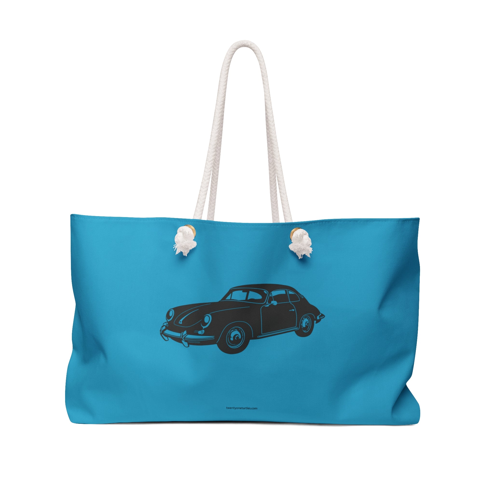 Blue tote bag with a black porsche 356 car design on a white background