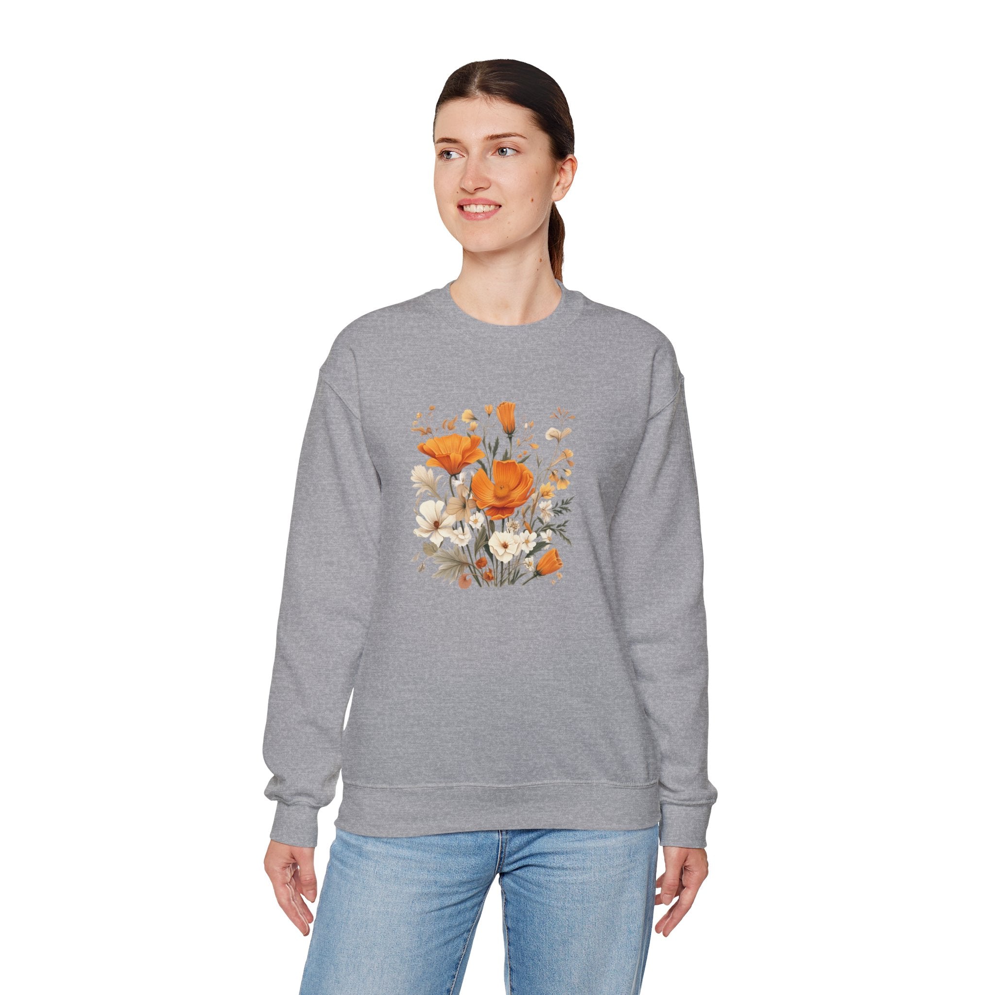 Floral Print Sweatshirt – Bold Orange Blooms | Cozy Nature-Inspired Gift & Spring Fashion
