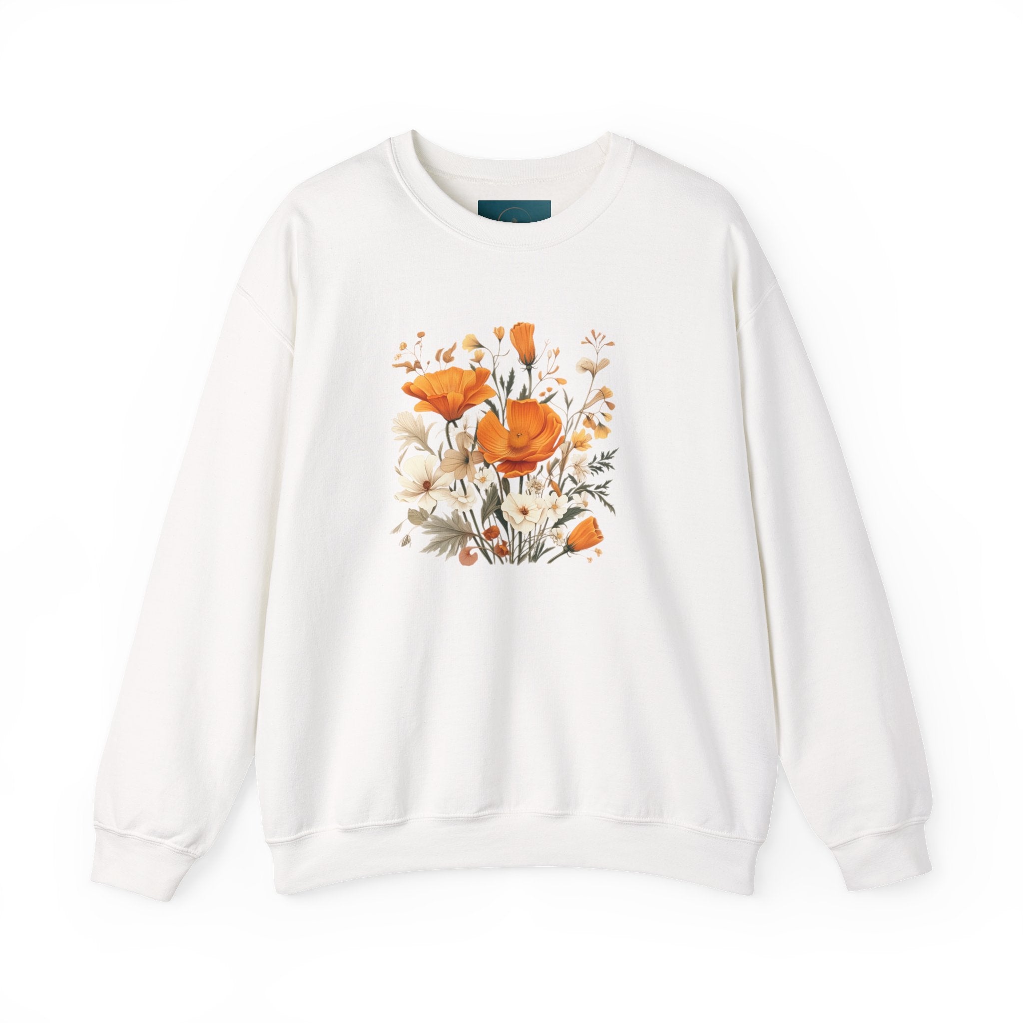 White sweatshirt with floral design on a white background