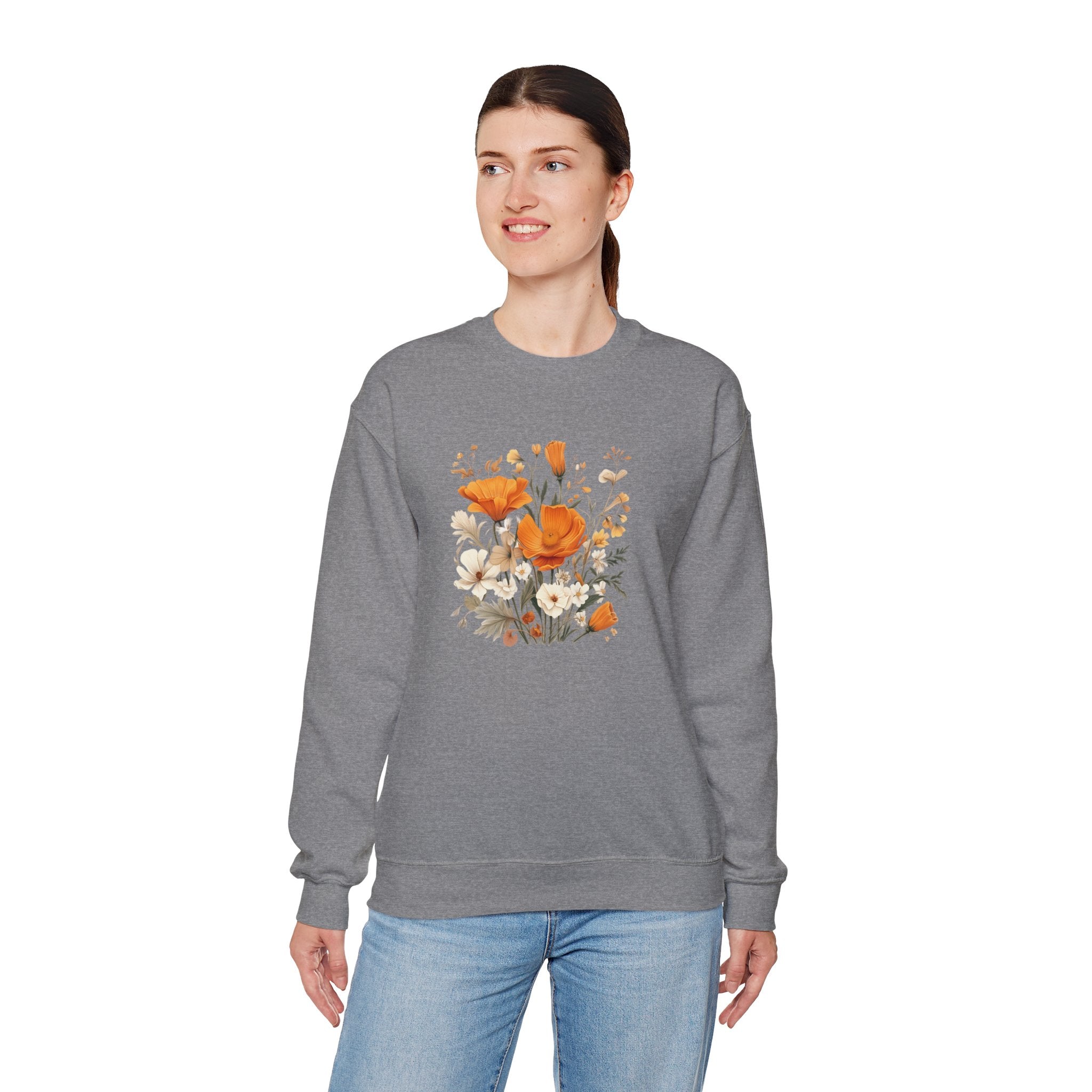 Floral Print Sweatshirt – Bold Orange Blooms | Cozy Nature-Inspired Gift & Spring Fashion