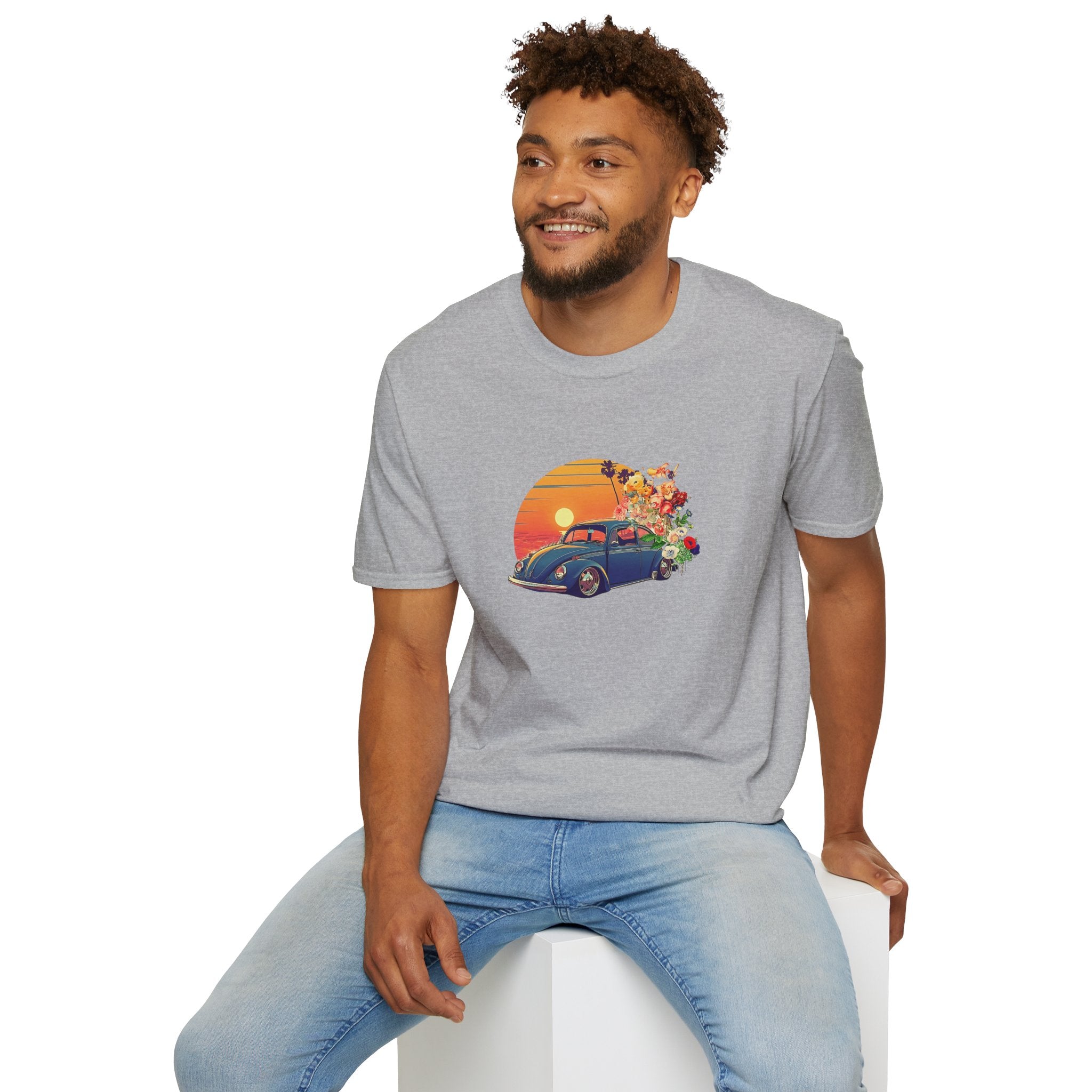 Vintage Sunset Beetle Tee – Unisex Retro Car Shirt, Summer Vibes Gift