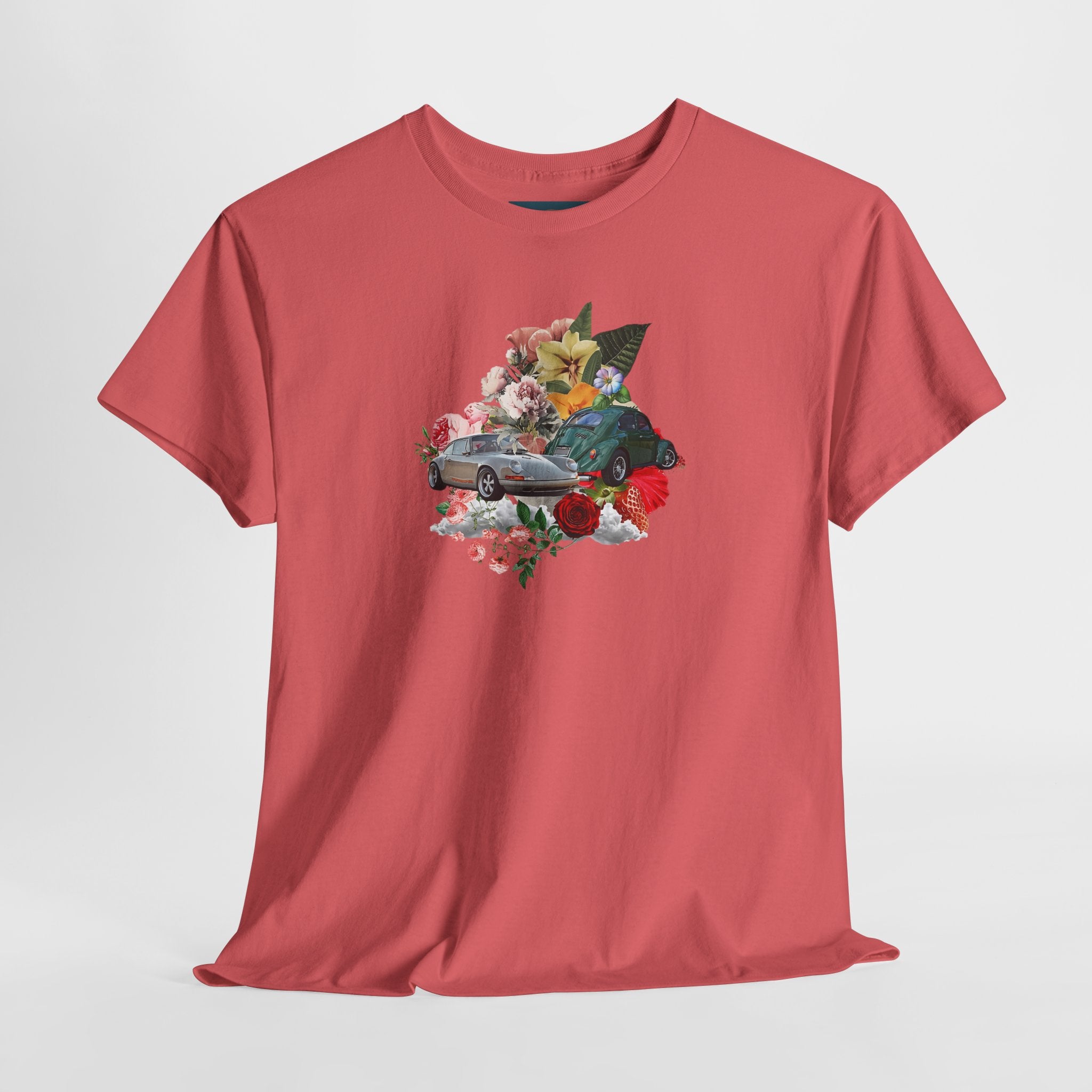 Red t-shirt with a graphic of a vw and porsche cars and flowers on a white background