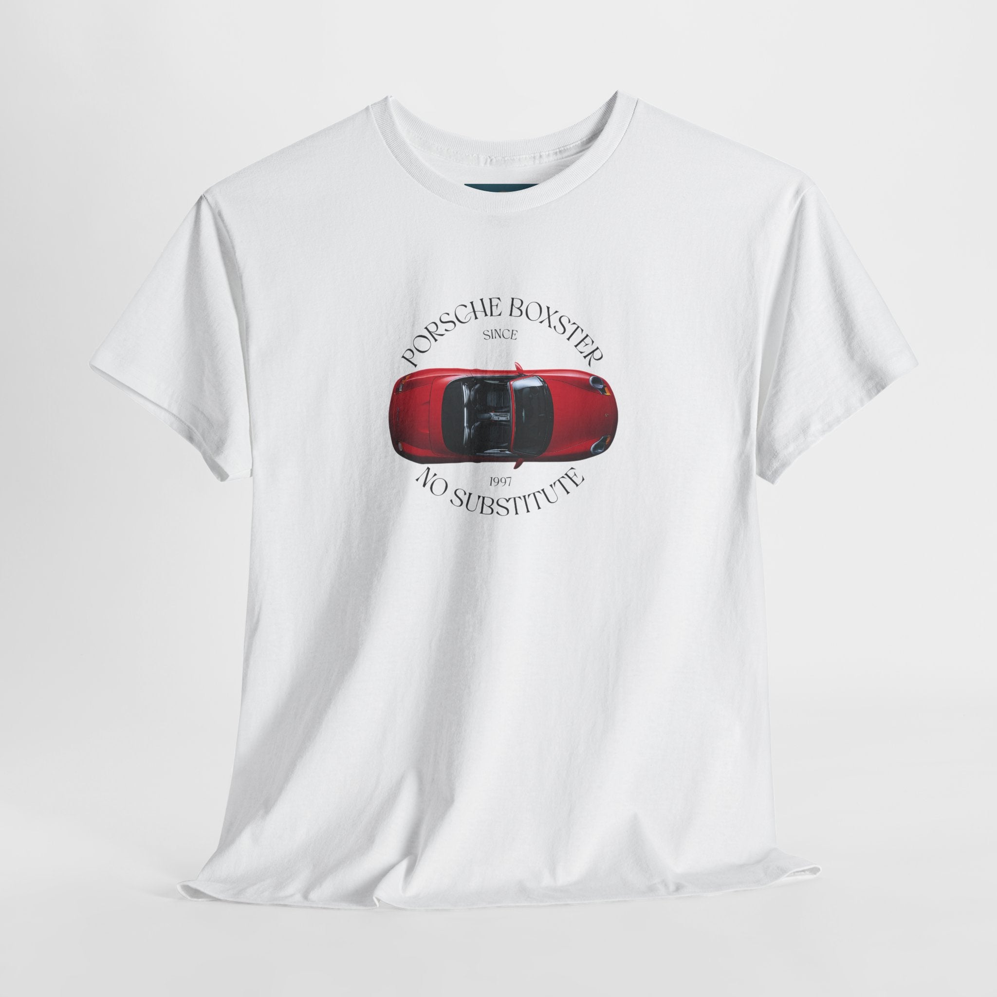 White t-shirt with a red Porsche Boxster graphic on a white background