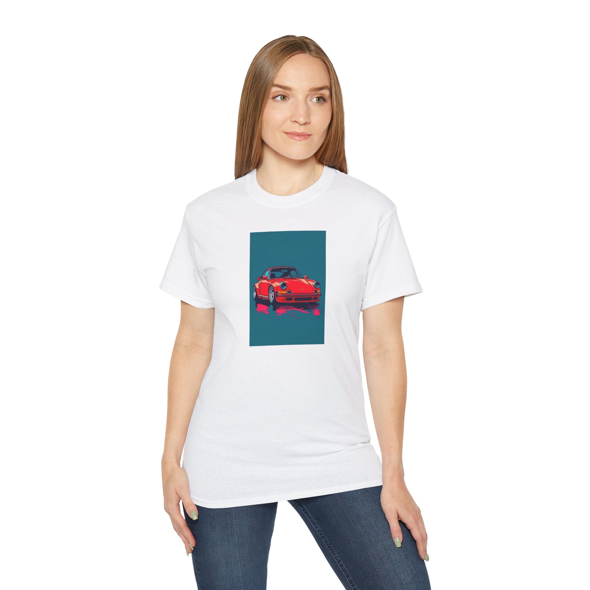Woman wearing a white t-shirt with a red porsche car graphic on a white background