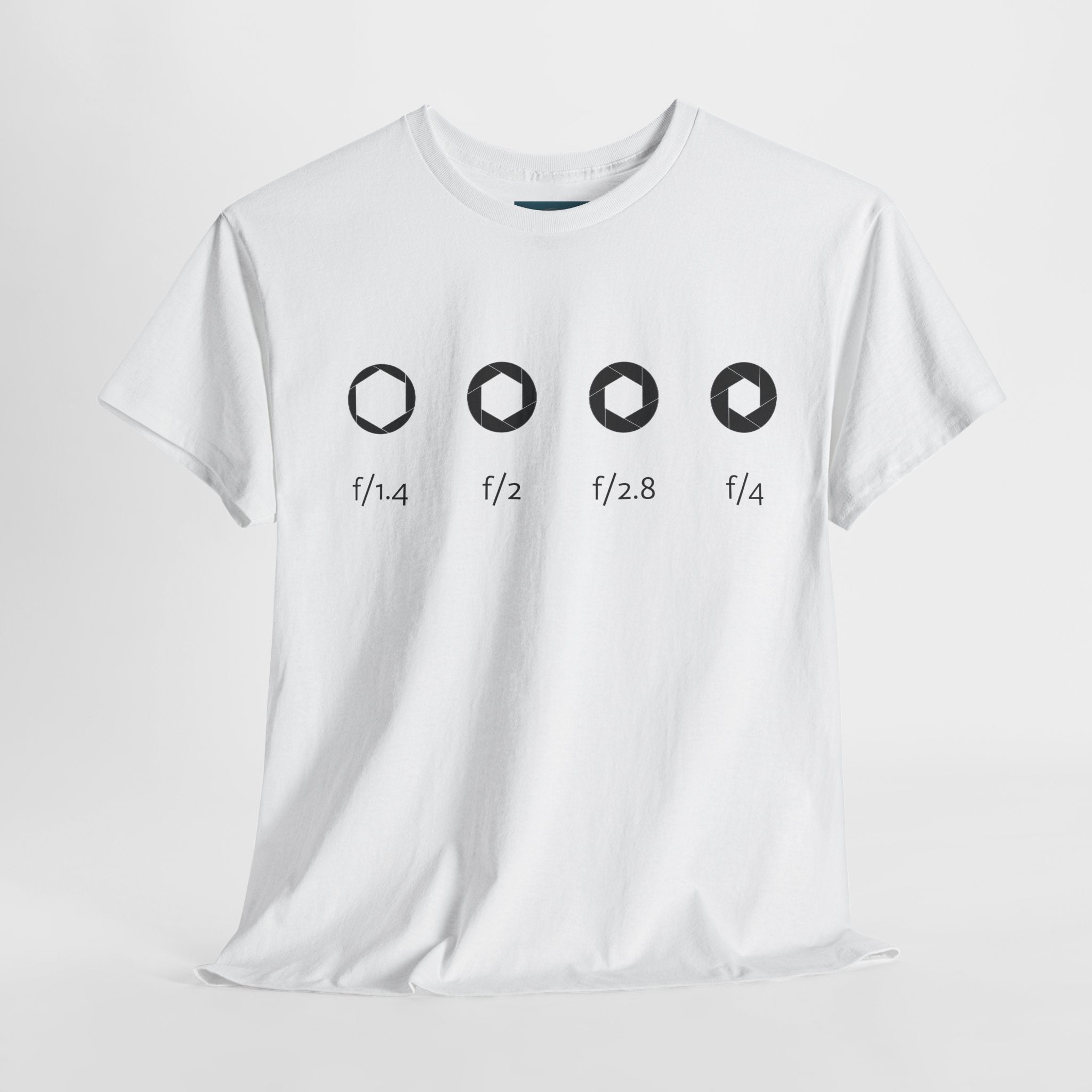 White t-shirt with black lens aperture icons and text on a white background