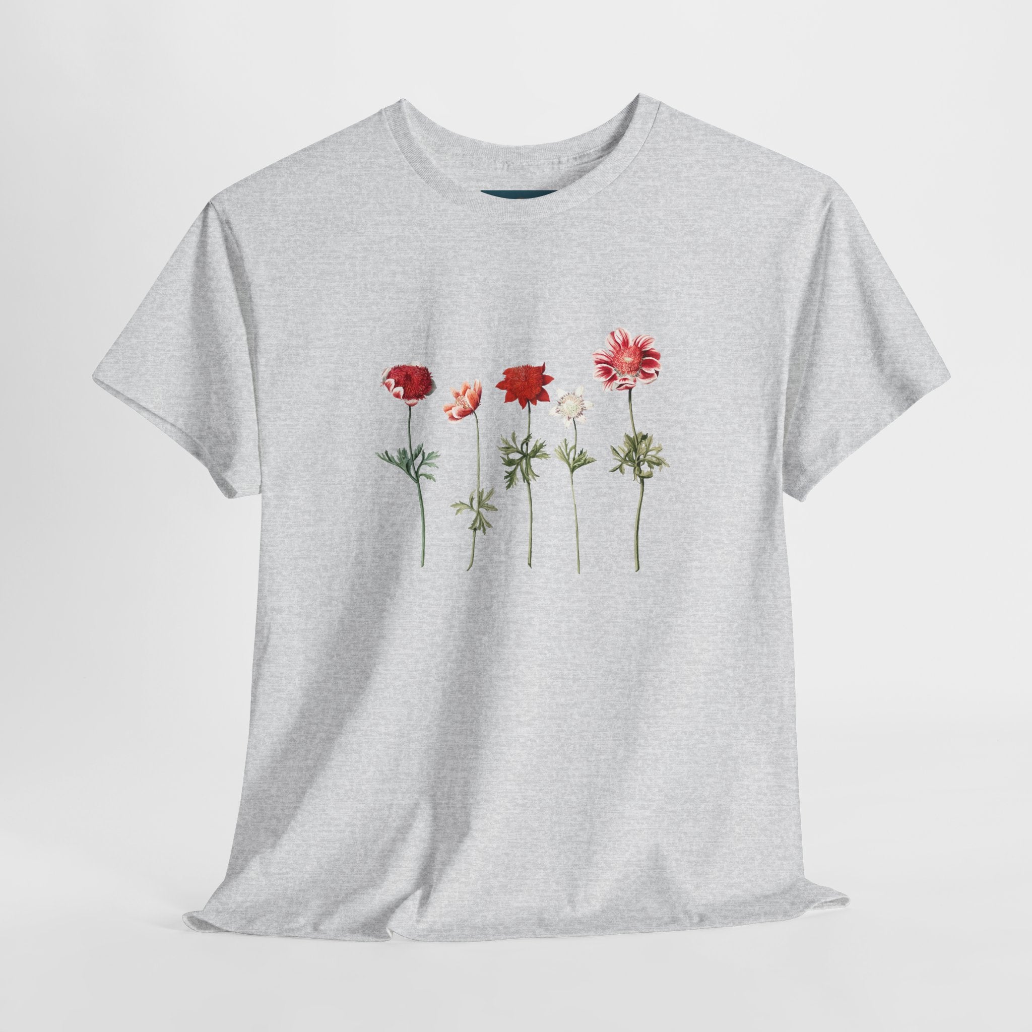 Gray t-shirt with floral design on a light gray background