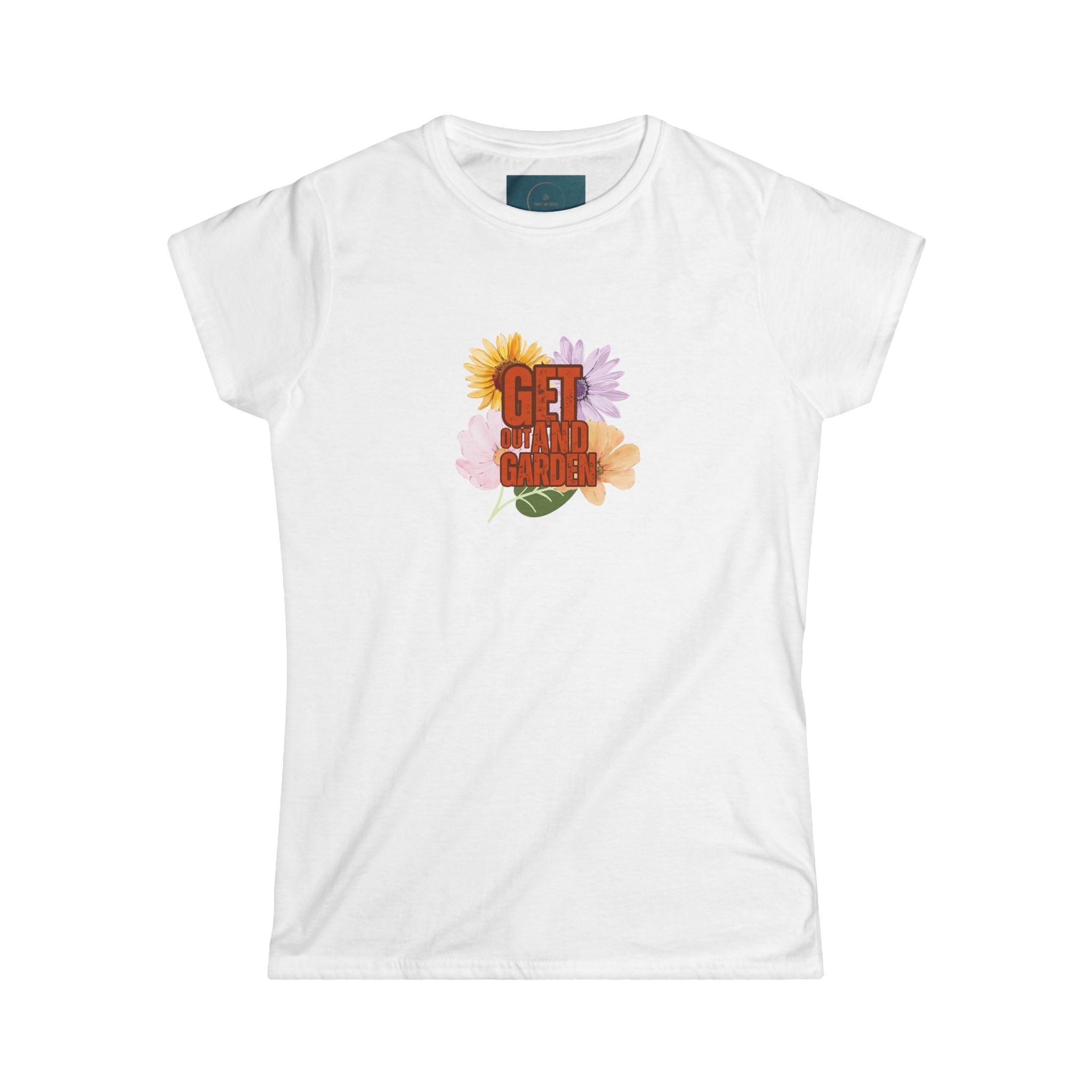 White t-shirt with colorful graphic design on a white background