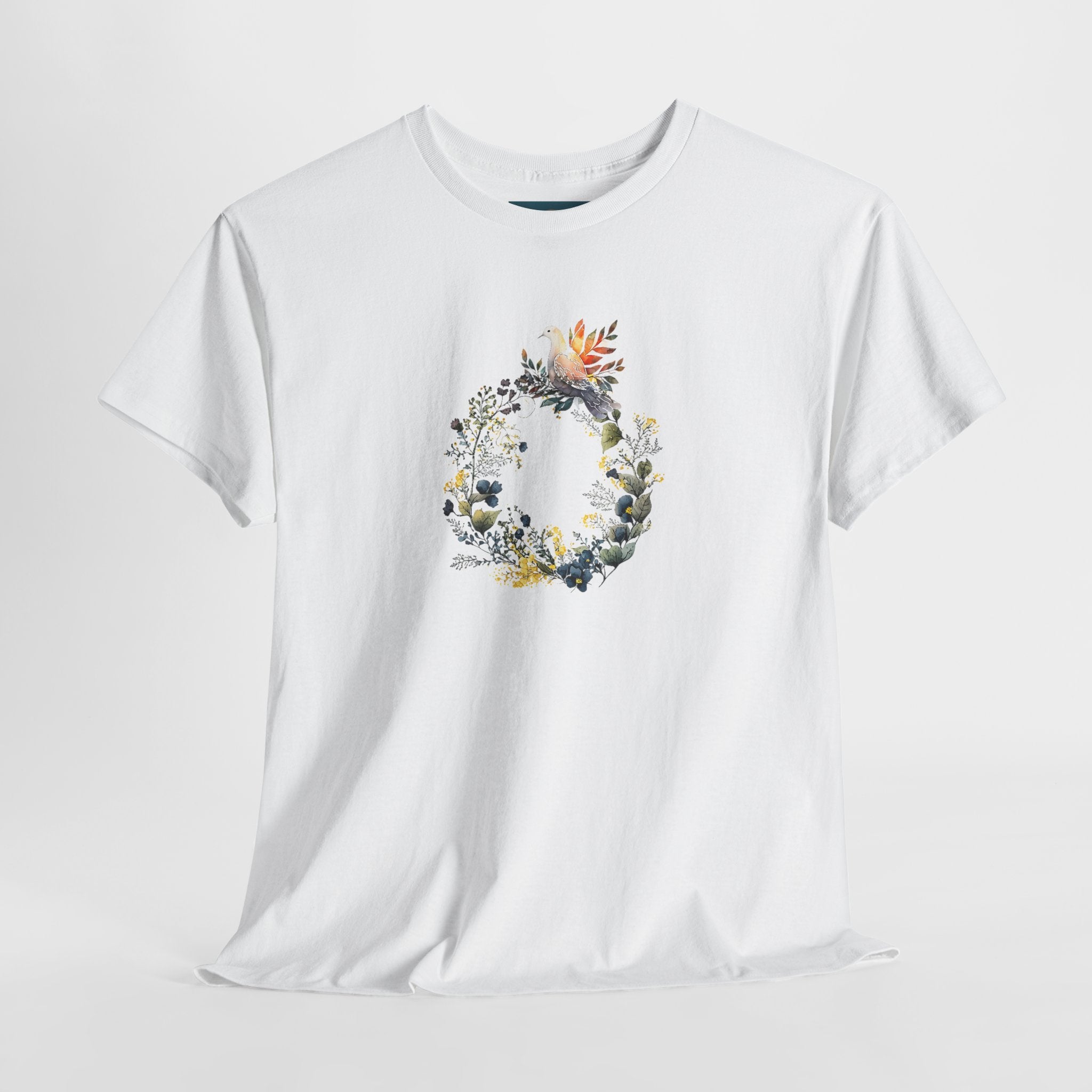 White t-shirt with a floral wreath design on a light gray background