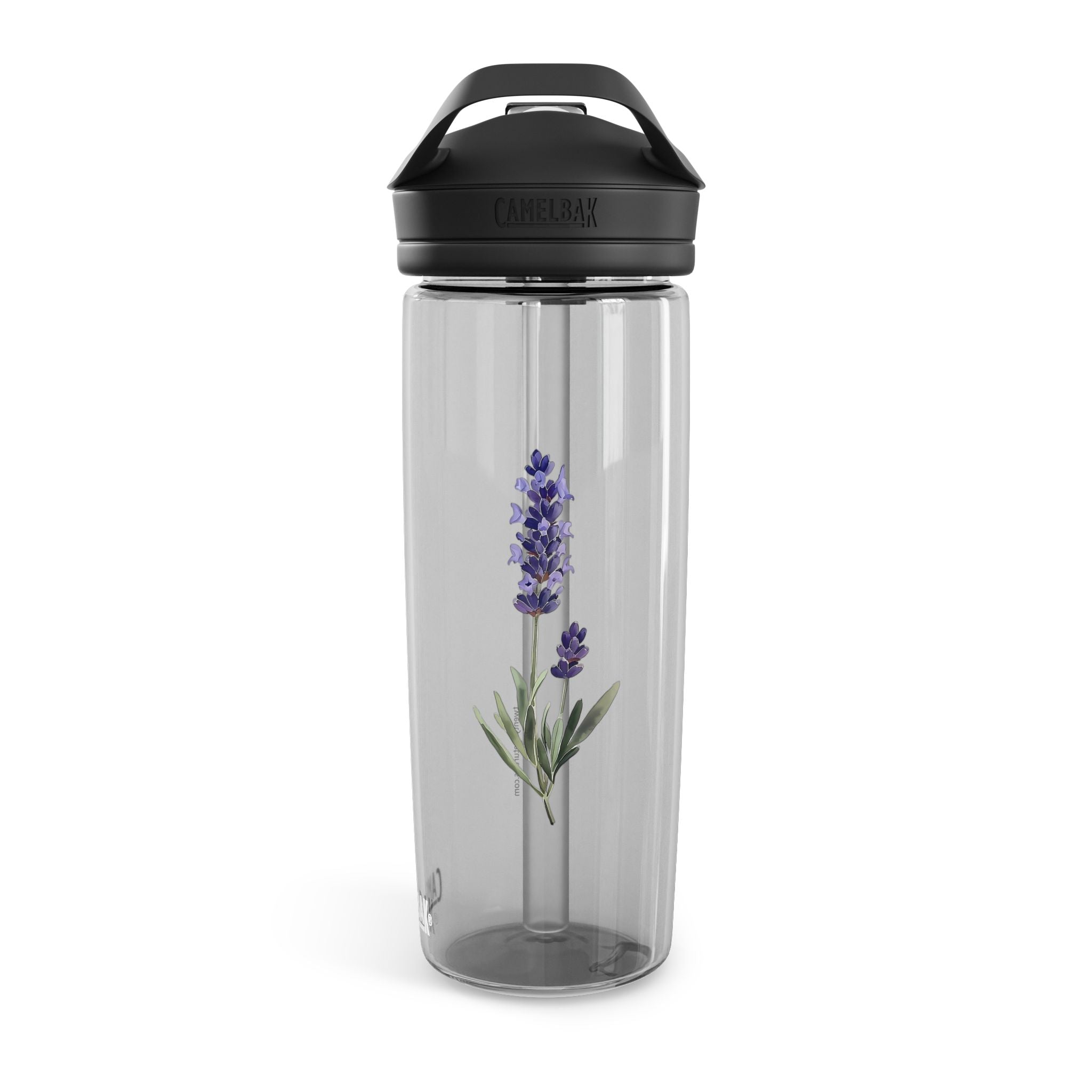 Clear water bottle with lavender design and black lid on a white background