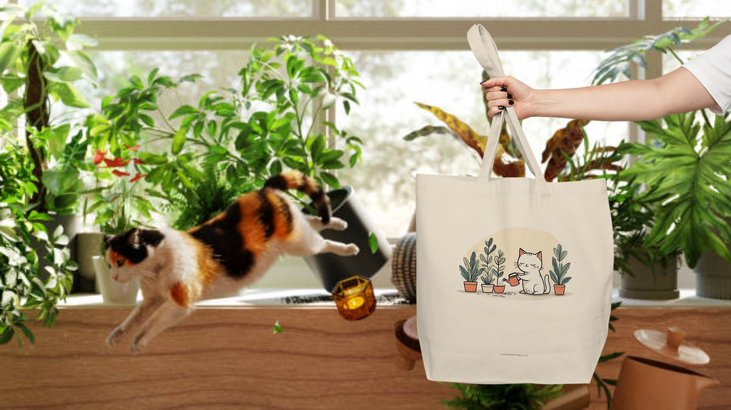 Tote bag with cat design held by a hand in a room with plants