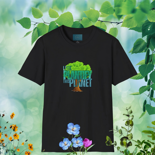 Black t-shirt with a tree graphic and text 'Lets plantify this planet' on a nature-themed background