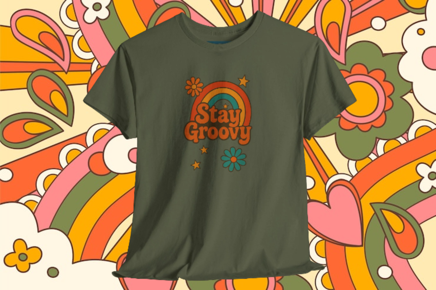 T-shirt with 'Stay Groovy' design on a colorful abstract background