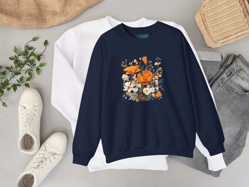 Floral Print Sweatshirt – Bold Orange Blooms | Cozy Nature-Inspired Gift & Spring Fashion