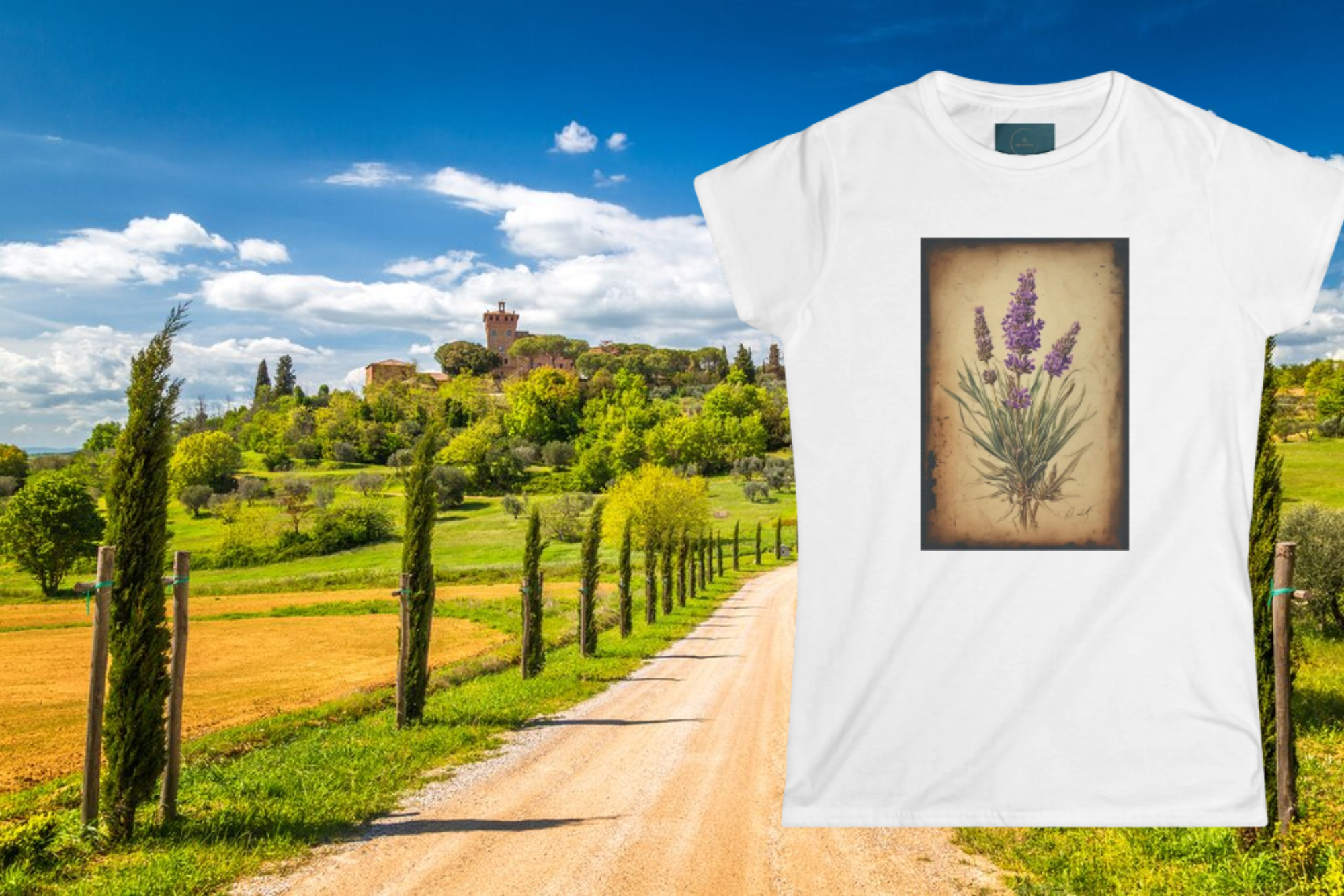 White t-shirt with a lavender design on a scenic background of a road and green fields.