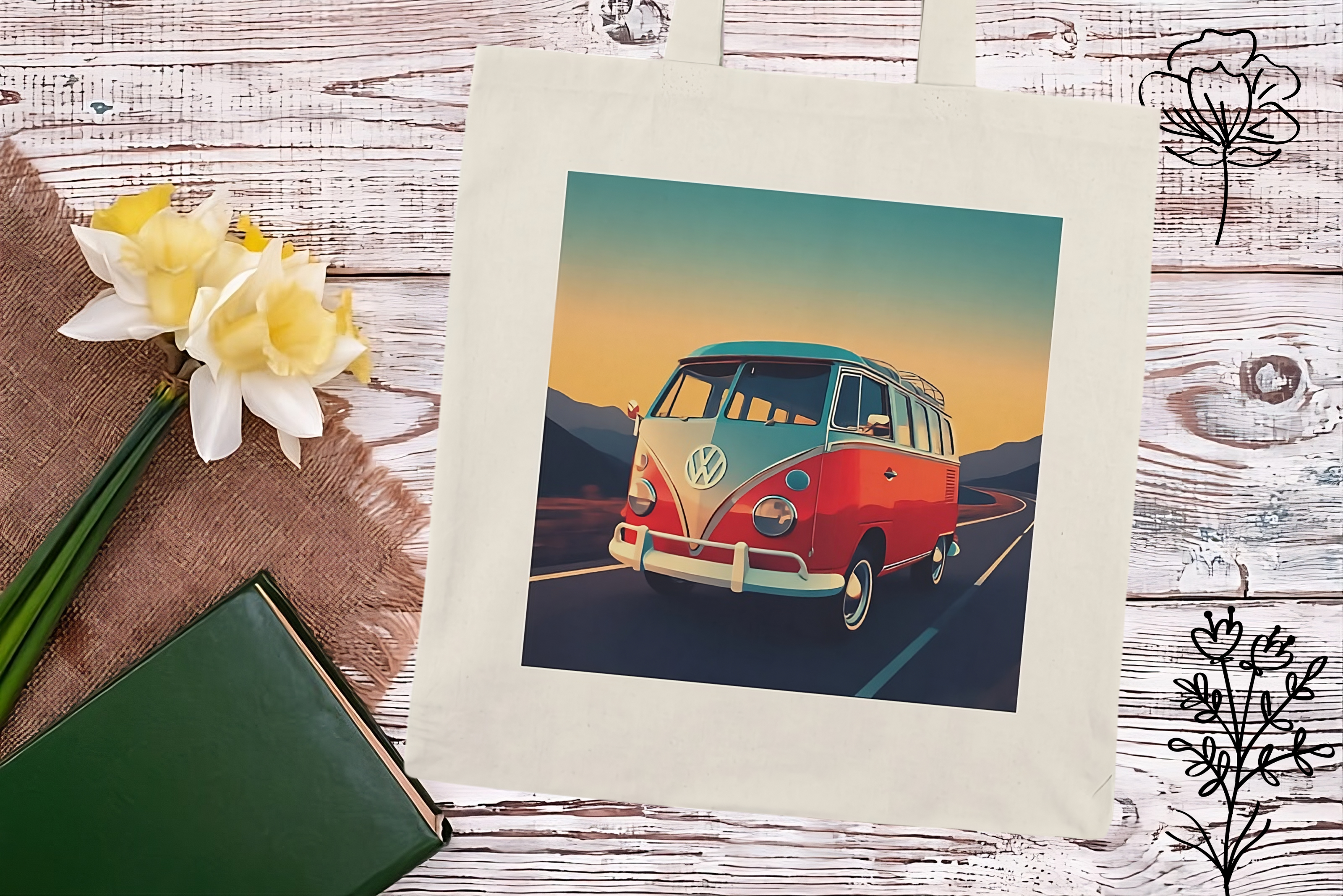 Tote bag with a colorful Volkswagen van design on a wooden surface with flowers and a notebook.