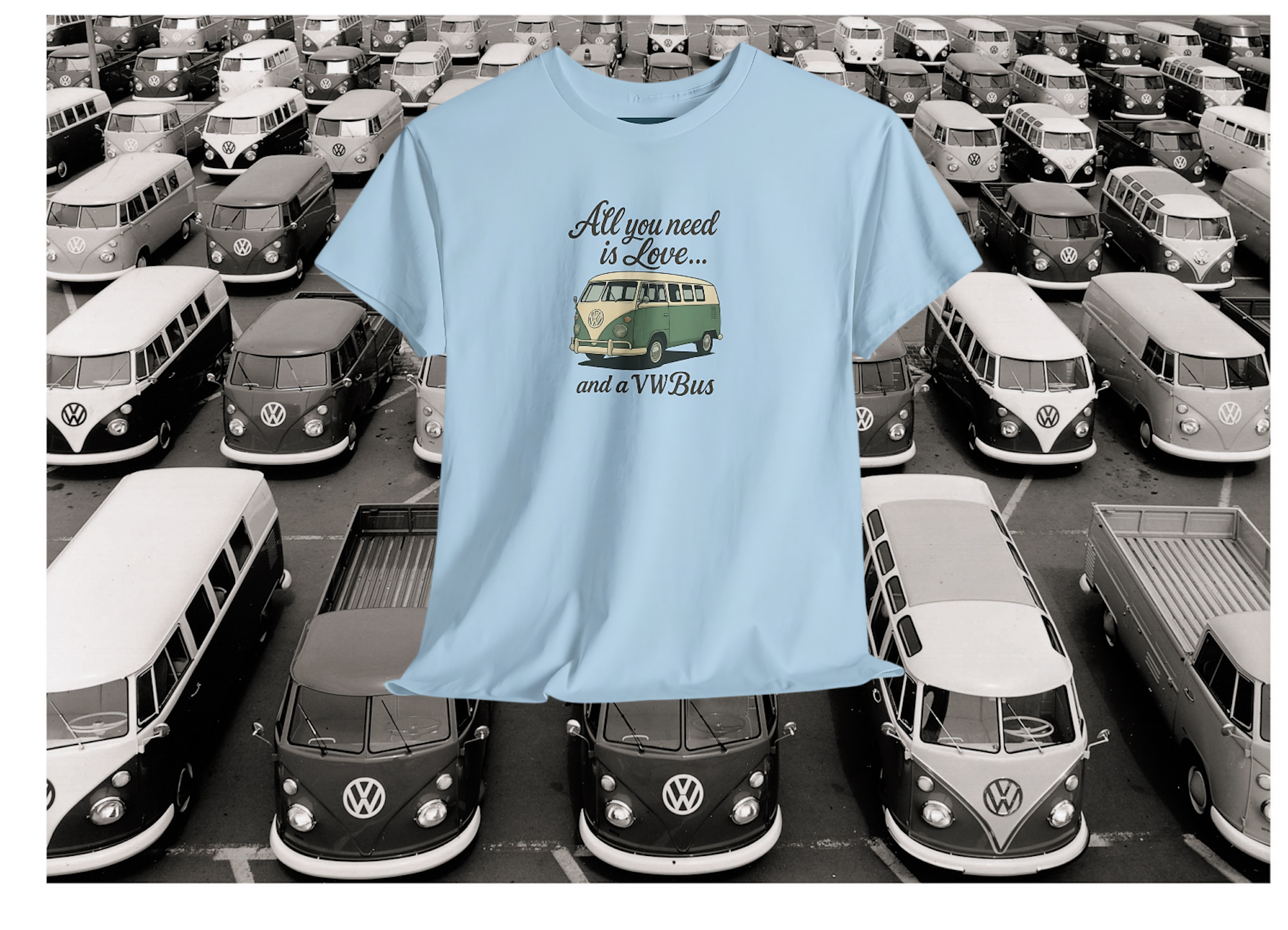Light blue t-shirt with VW bus graphic and text over a background of VW buses